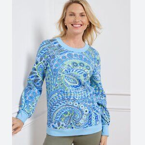 Talbots Blouson Sleeve Perky Paisley Periwinkle Blue Modal Sweatshirt Size 1X